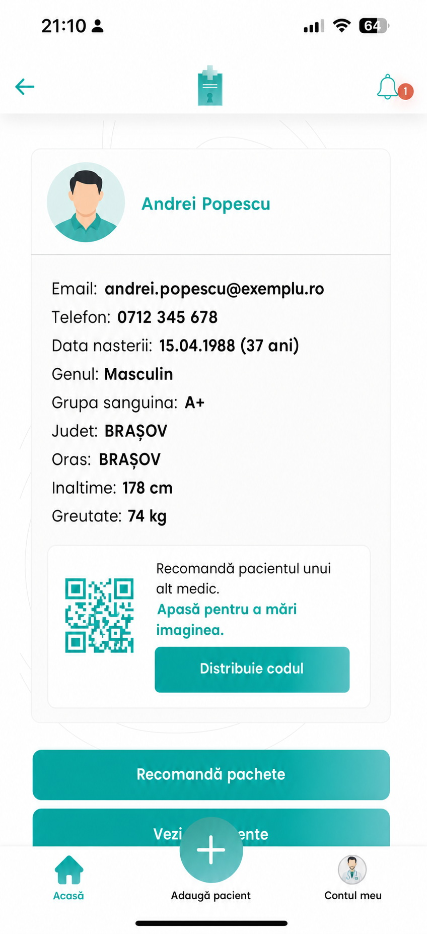 Profil fictiv de pacient afișat în aplicația MedValet pentru medici